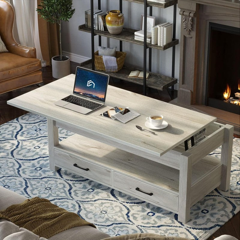 Lift Top Coffee Table w/ Drawers Hidden Compartment Wooden Table Grey1