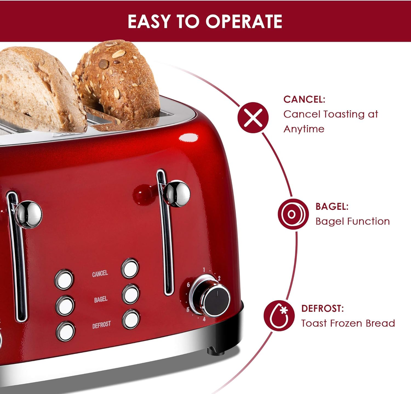 Retro 4 Slice Toaster Red ST033 - Wide Slots, Bagel, Defrost, 6 Shade Crumb Tray3