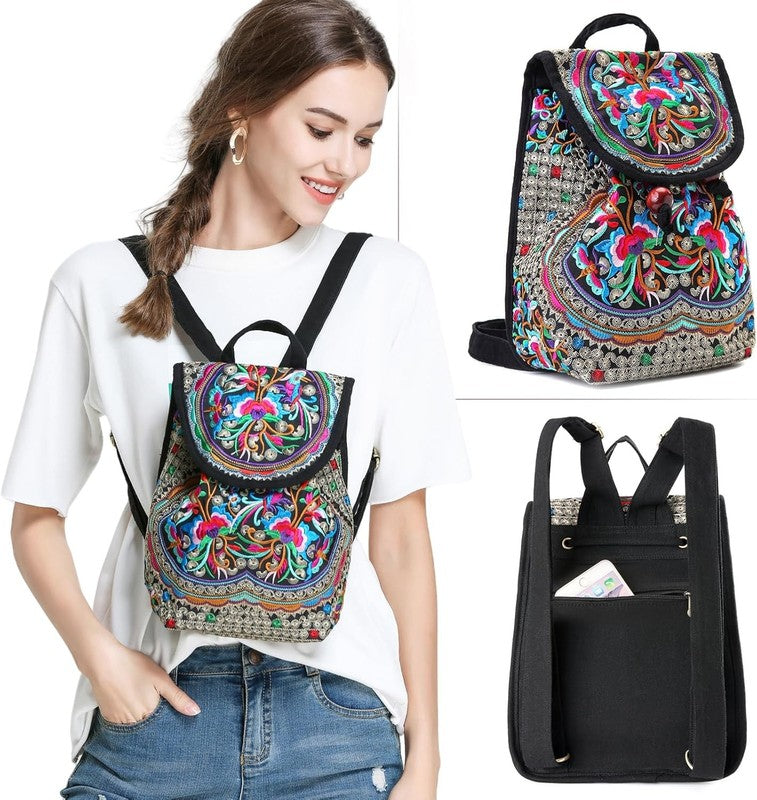 Women Embroidered Backpack Boho Floral Mini Travel Shoulder Bag Lightweight Red24