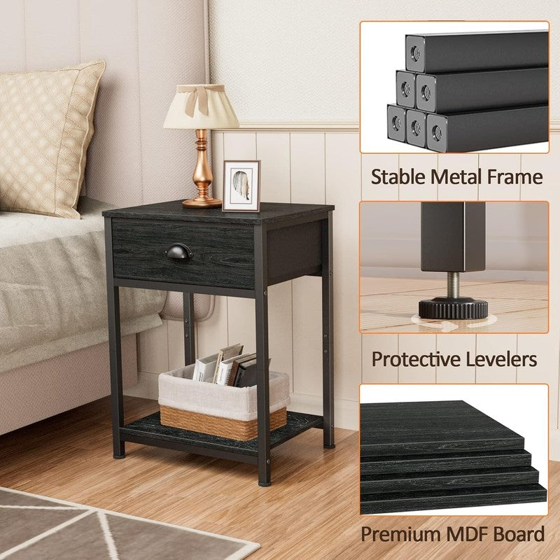 Set of 2 Industrial Nightstands with Drawer & Shelf, Black Oak 23.6" Tall3