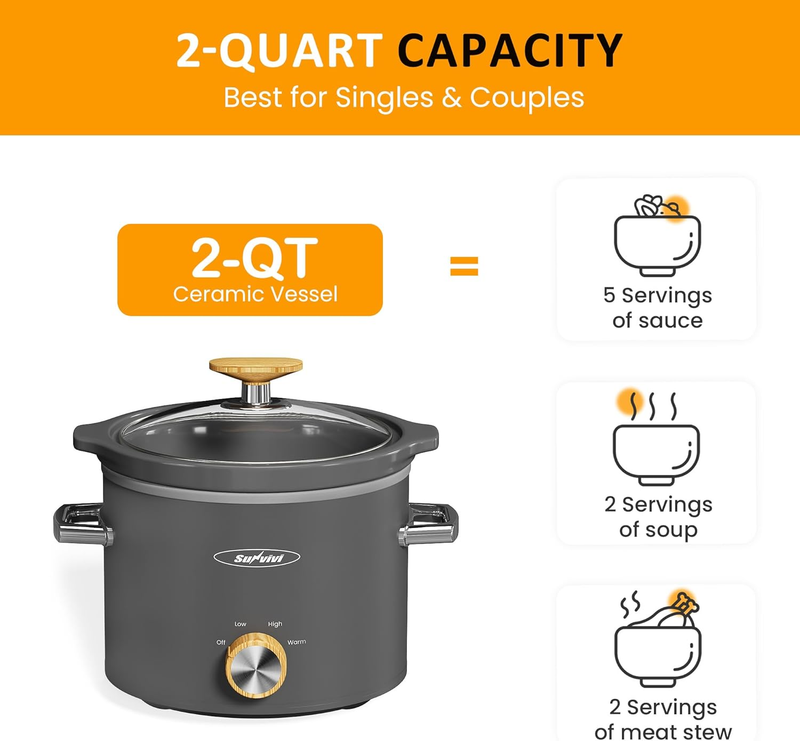 2Qt Slow Cooker Small Removable Ceramic 3-Setting Grey Food Warmer2