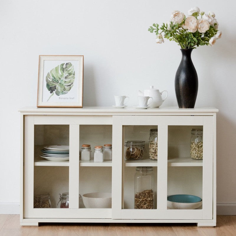 Off-White Kitchen Sideboard Buffet Storage Cabinet with Glass Sliding Doors1