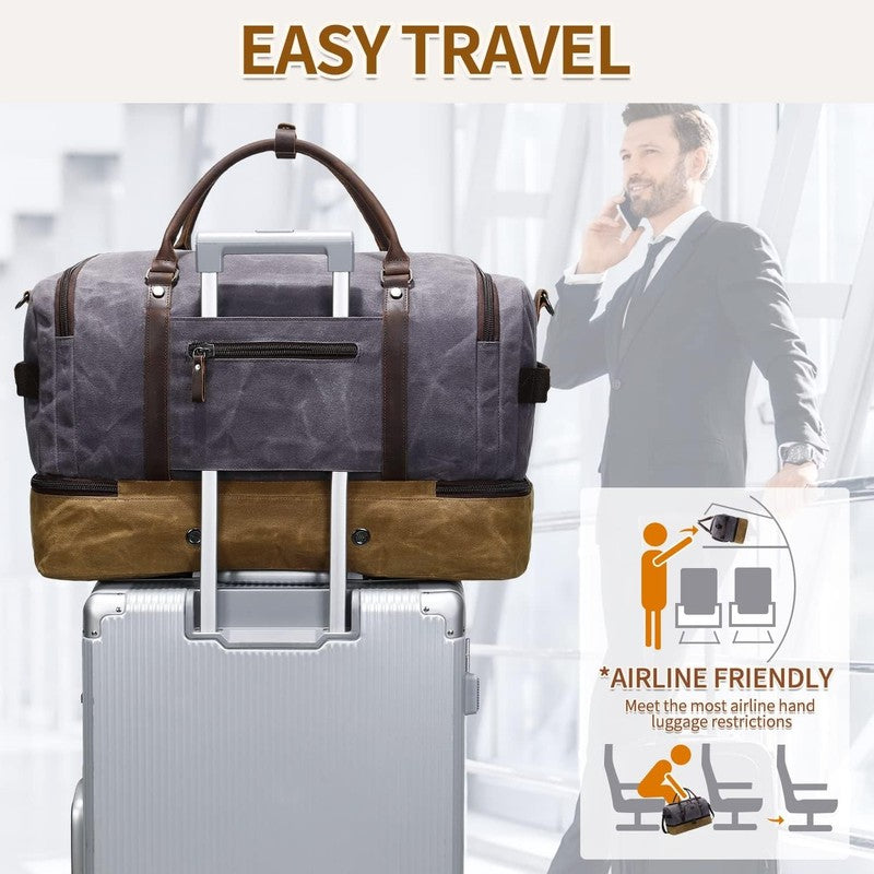 Nerlion Weekender Duffle Bag Gray Canvas Leather Carry On w/ Shoe Compartment2