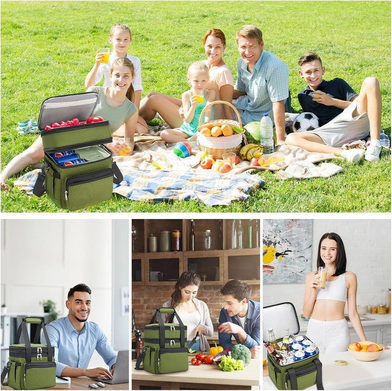 Insulated Lunch Bag & Box 15L Double Deck Reusable Cooler Tote Leakproof Green6