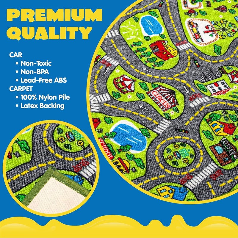 Kids Play Rugs - 12 Pull-Back Vehicle Set - Durable Carpet Playmat Rug - City Pr4