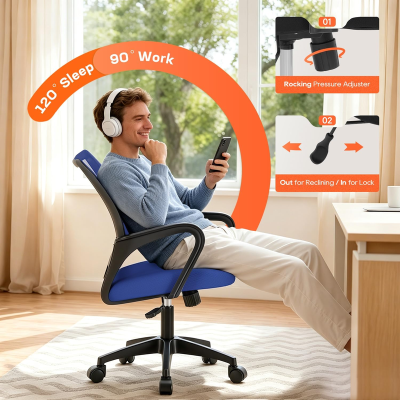 Ergonomic Office Chair Mid Back Swivel Desk Chair Lumbar Support Blue3