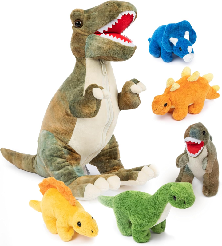 Dinosaur Stuffed Animal Set - Mommy T-Rex with 5 Plush Baby Dinosaurs inside - S0