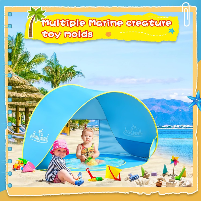 Baby Beach Tent with Beach Sand Toys Pop up Portable Shade Pool UPF50+ UV Protec5