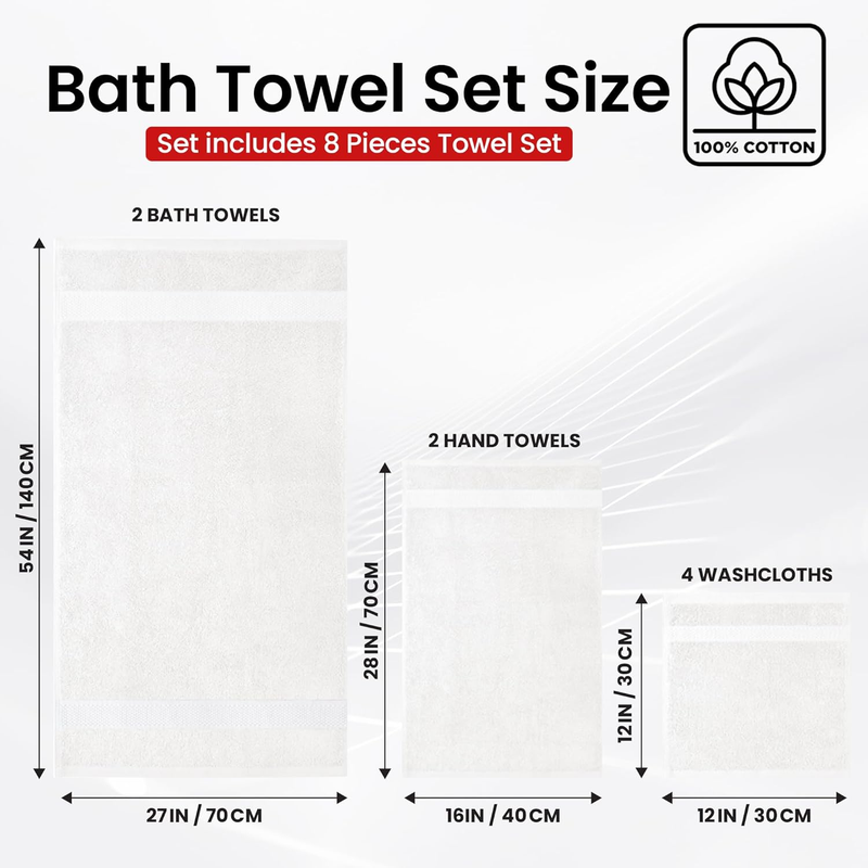 Luxury 100% Cotton Towel Set – 8 Piece Bathroom Towel Set (2 Bath Towels, 2 Hand1