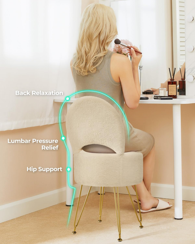 Faux Fur Vanity Stool Chair w/Storage Folding Back Ottoman Camel2
