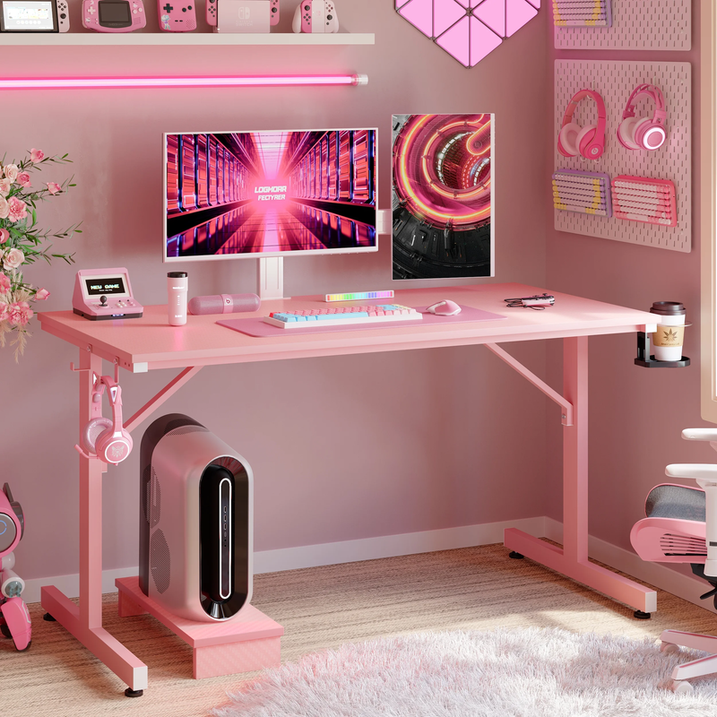 42" LED Gaming Desk PC Computer Table w/ Monitor Stand Pink2