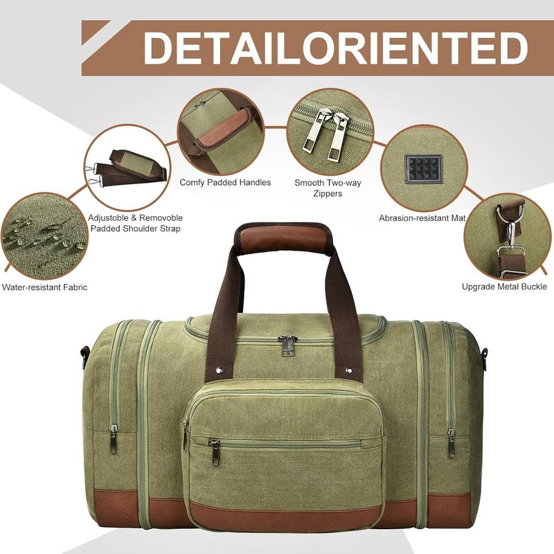 50L Canvas Travel Duffle Bag Army Green Overnight Weekender Gym Carry On4