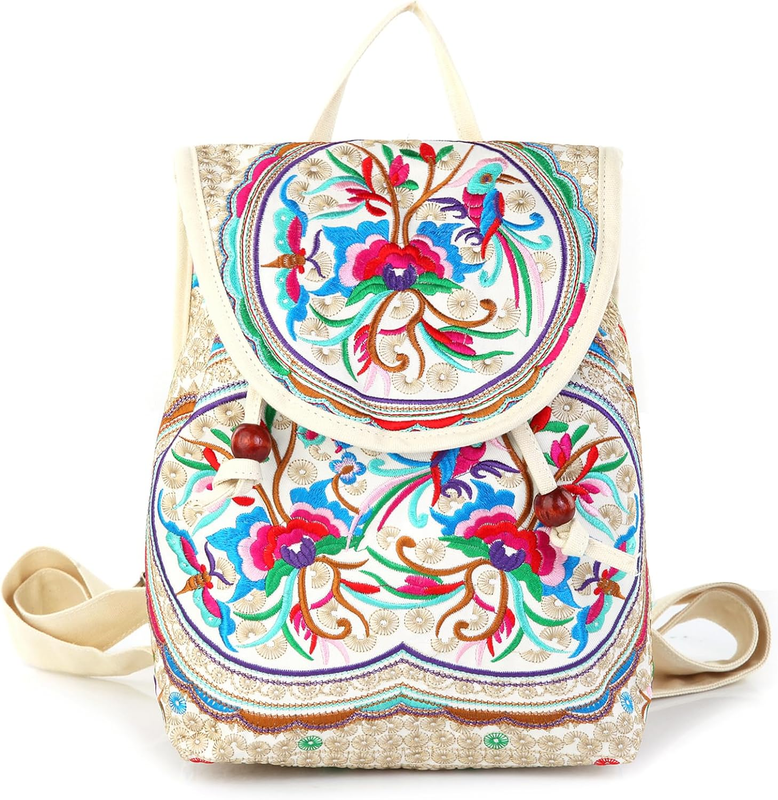 Women Embroidered Backpack Boho Floral Mini Travel Shoulder Bag Beige Red0