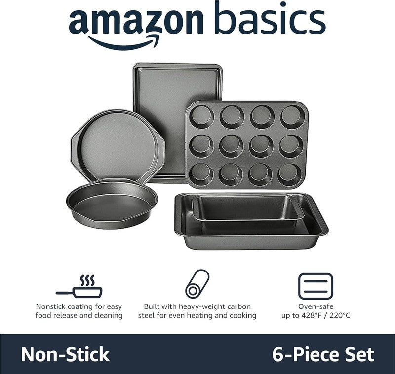 6 Piece Nonstick, Carbon Steel Oven Safe Bakeware Set with Cake, Muffin, Cookie,1