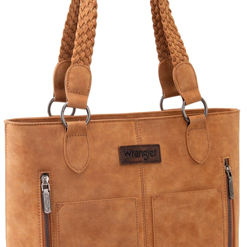 Wrangler Distressed Tote Bag Women Western Purse Multi Pocket Shoulder Bag Tan1