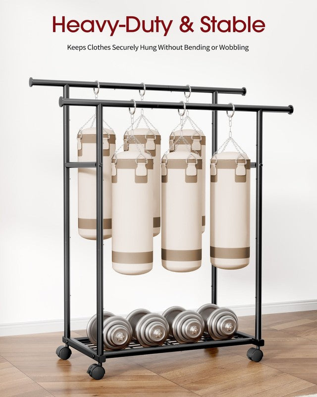 Clothes Rack with Double Hanging Rods and Bottom Shelf, Rolling Metal Garment Ra6