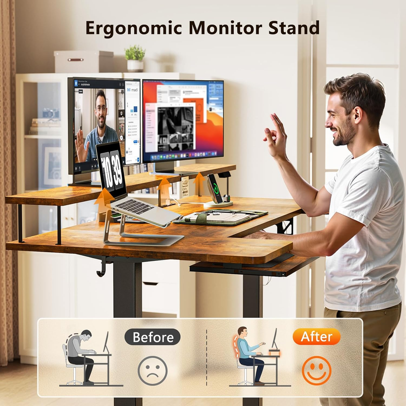 55" U Shaped Electric Standing Desk w/ Keyboard Tray Rustic Brown5