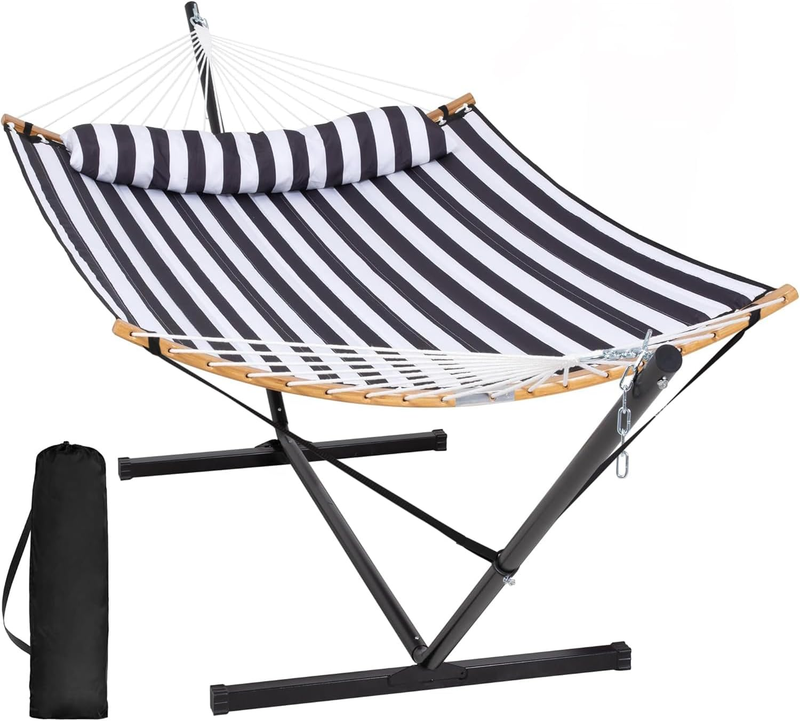 Extra Large Hammock w/ Stand Double Curved Spreader Bar Carry Bag Black0