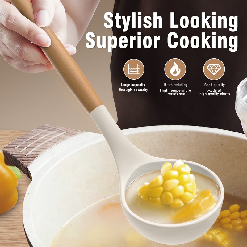 Silicone Kitchen Utensil Set Wooden Handle Holder Heat Resistant Cream White3