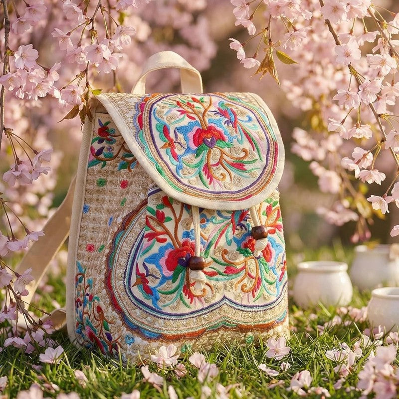 Women Embroidered Backpack Boho Floral Mini Travel Shoulder Bag Beige Red1