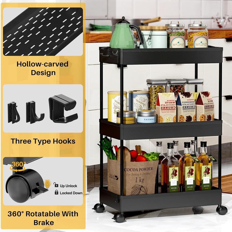3-Tier Rolling Cart with Wheels, Storage Trolley Organizer with Baskets, Black2