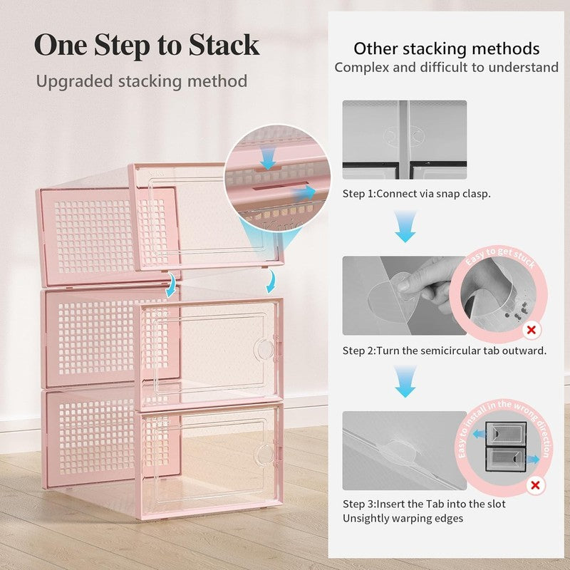 12 Pack X Large Clear Shoe Storage Boxes, Stackable Organizer Bins, Pink3