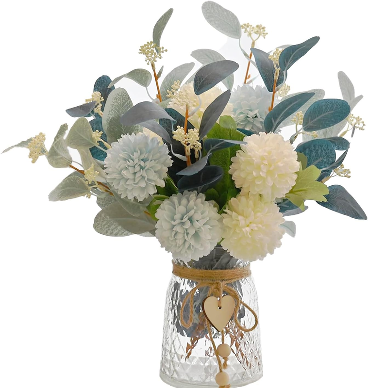 Artificial Hydrangea Flowers with Vase Eucalyptus Table Centerpiece Decor0