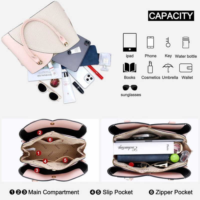 Triple Compartment Handbag Women Satchel Shoulder Top Handle Purse5