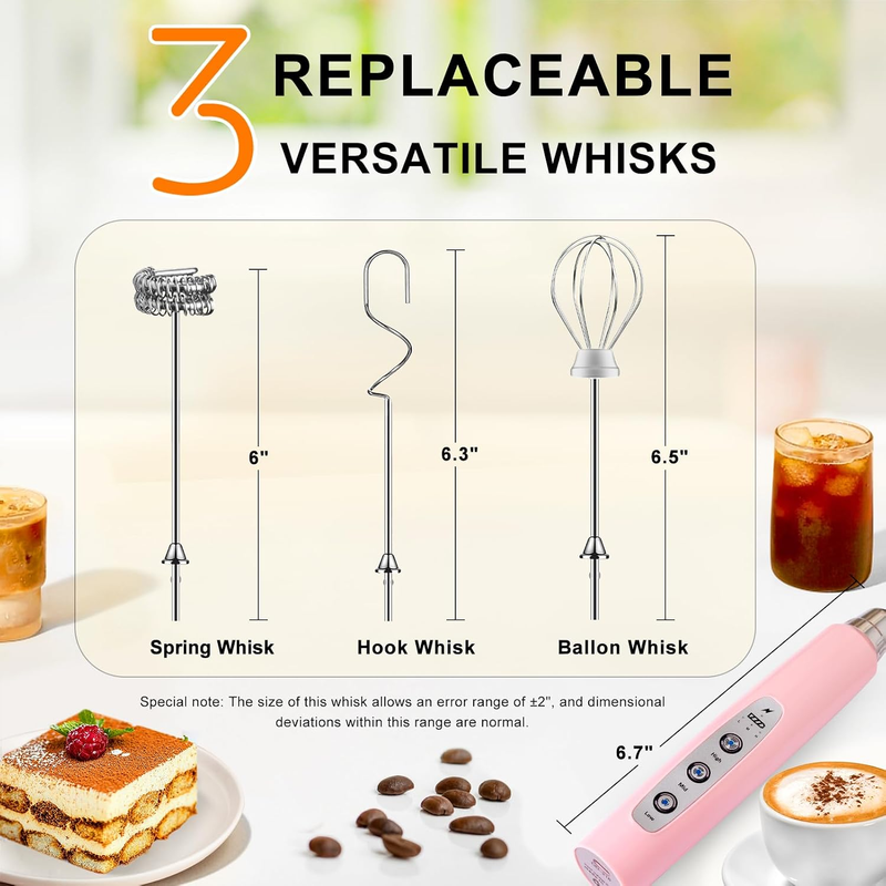 Milk Frother Handheld USB Rechargeable 3 Speed 3 Heads Coffee Whisk Pink4
