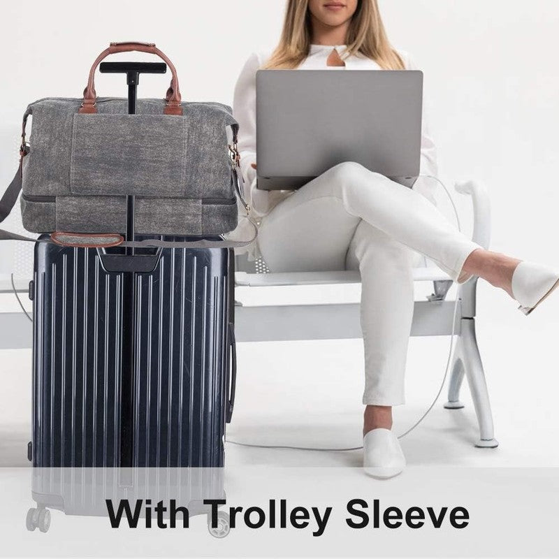 Canvas Weekender Duffle Bag Grey Carry On Travel Tote w/ Shoe Pouch6