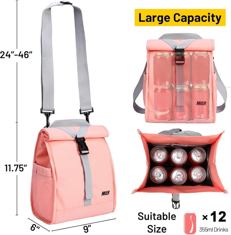 Insulated Roll Top Lunch Bag for Women Men Foldable Tote w/ Shoulder Strap Pink6