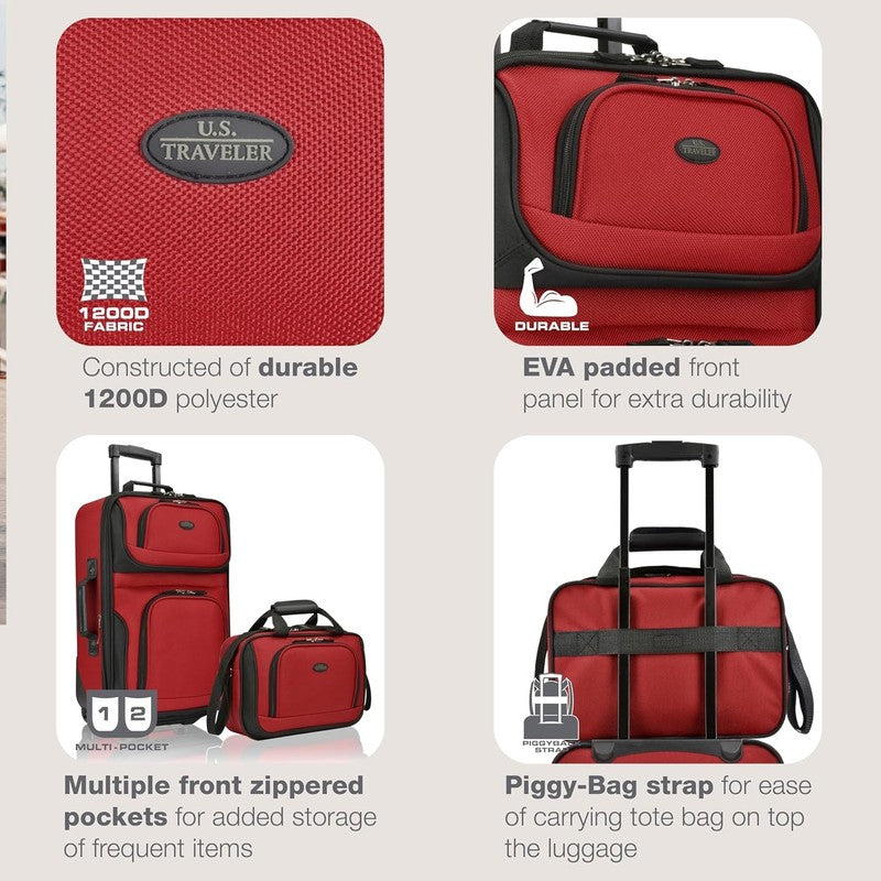 Rio Rugged Fabric Expandable 2 Piece Rolling Carry On Luggage Set Red2