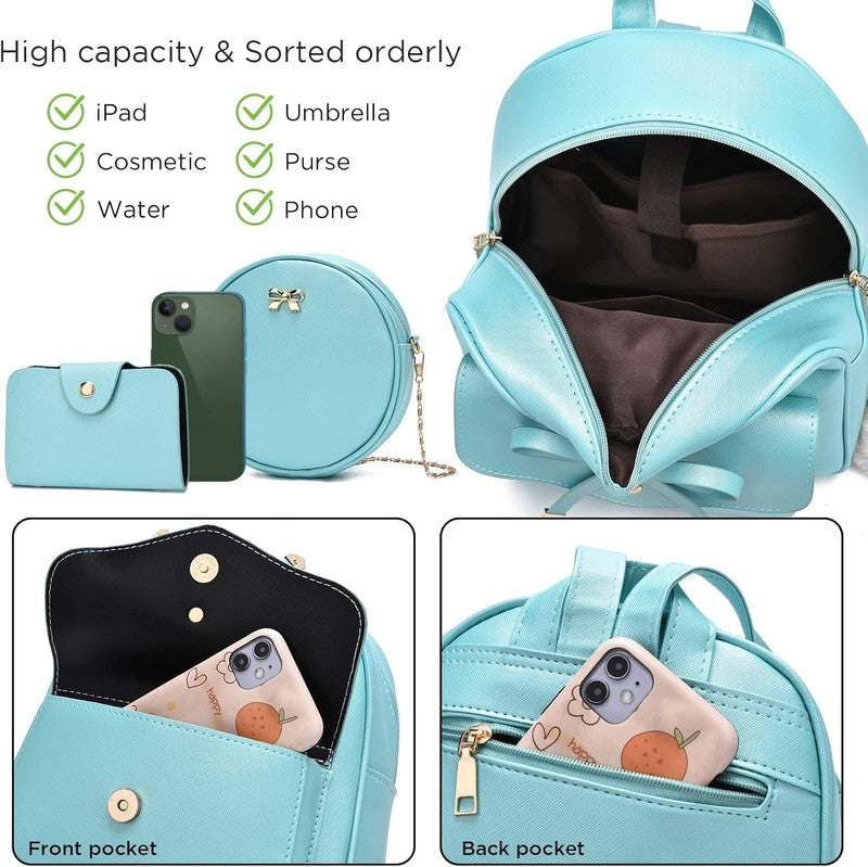 Girls Bowknot 3-Pieces Fahsion Leather Backpack Backpack Purse for Women Rucksac3