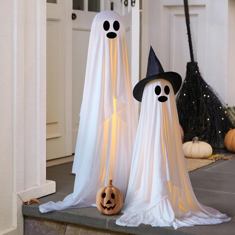 Light Up Halloween Ghosts w/ Witch Hats, 2 Pack, Indoor Outdoor Yard Decor1