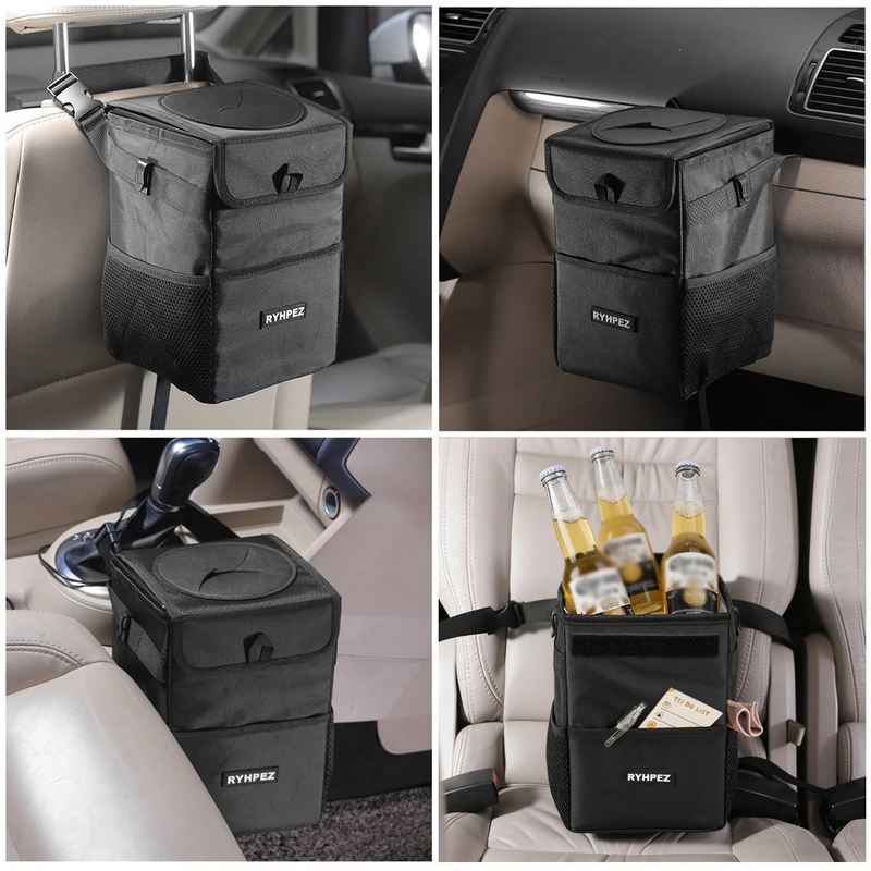 Car Trash Can w/ Lid Leakproof Collapsible Garbage Bin Organizer Road Trip1