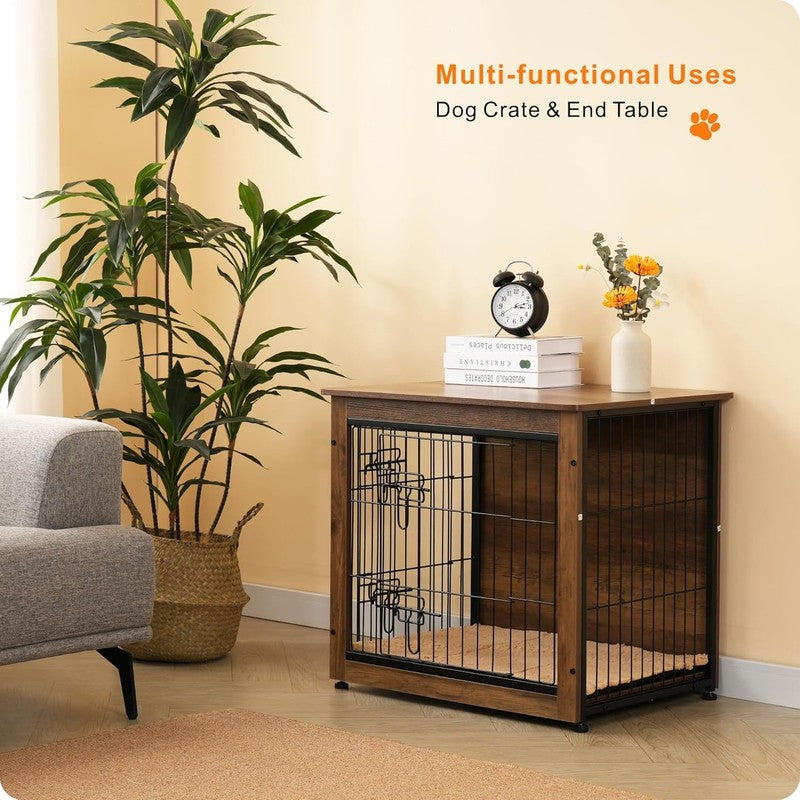Dog Crate Furniture Table w/Cushion Wooden Kennel Double Door 27.2" Warm Brown6