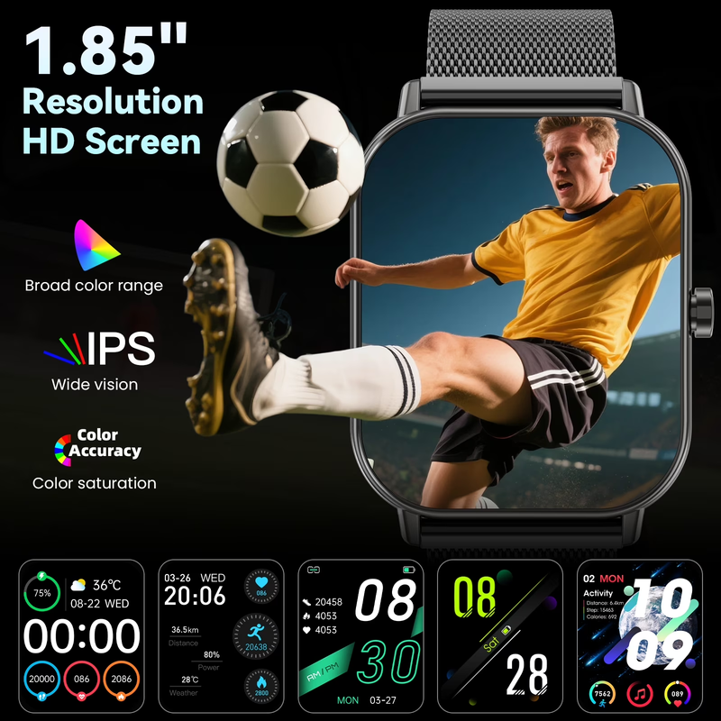 1.85" Smart Watch Android iPhone Call Fitness Tracker IP68 Milanese Steel1