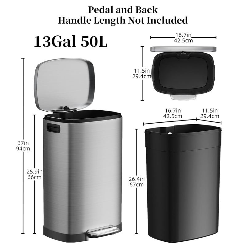 13 Gallon Kitchen Trash Can Stainless Steel Soft Close Pedal Bin 50L6