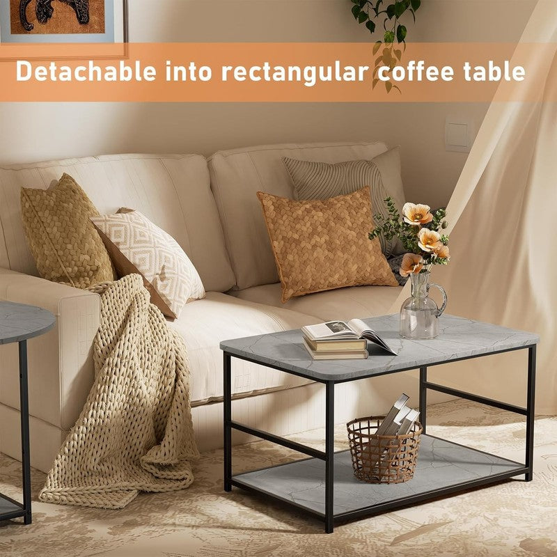 2 in 1 Grey Marble Coffee Table Set with Storage, Modern Living Room Table6