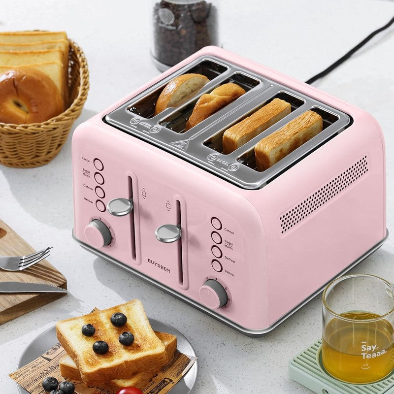 Retro 4 Slice Toaster 1800W Extra Wide Slots 7 Shade Bagel Muffin Stainless Pink7