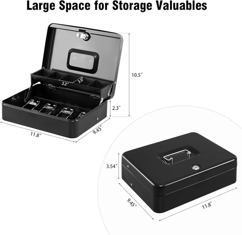 XL Locking Cash Box with Key, Cash Tray & Coin Slots - Black Organizer1