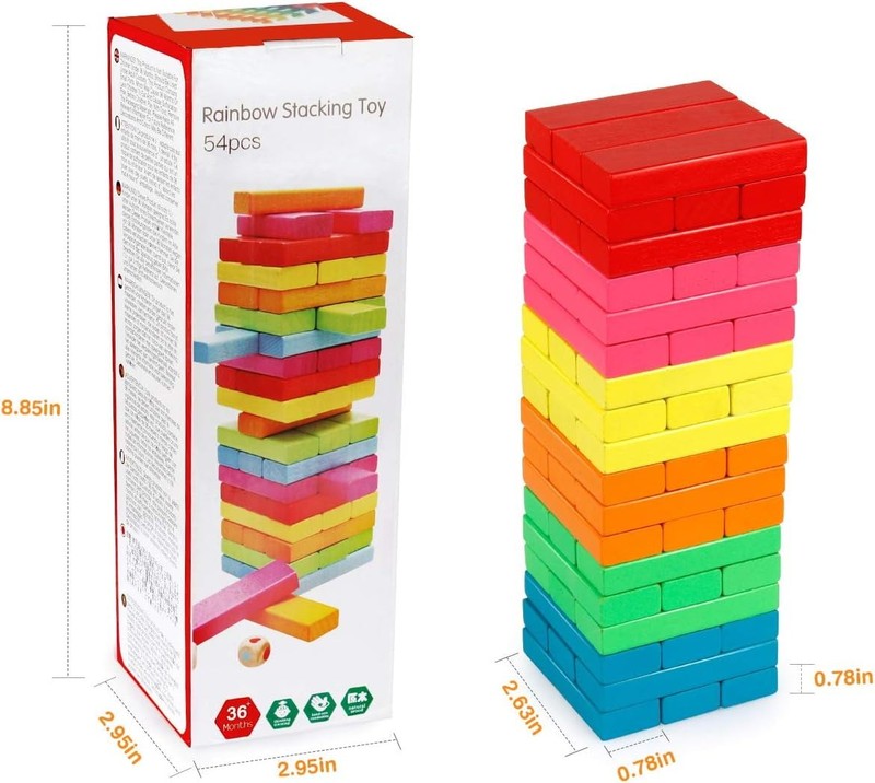 Wooden Blocks Stacking Game with Storage Bag, Toppling Colorful Tower Building B2