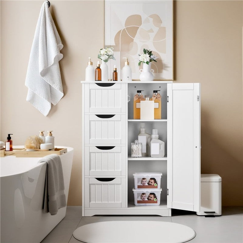 Wooden Cabinet Storage Unit with 4 Drawers & Cupboard for Bathroom, White2