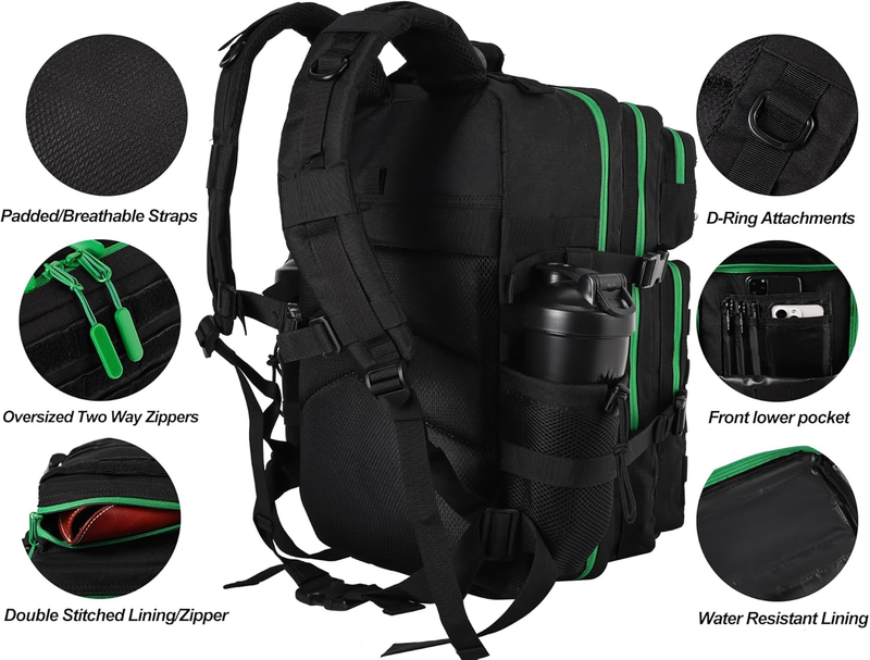 Military 45L Tactical Backpack Black Green Zipper MOLLE Travel Bag3