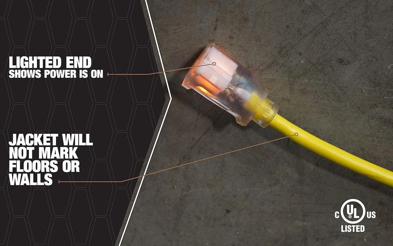 Heavy Duty 50ft Outdoor Extension Cord, 12 Gauge, 3 Prong, Yellow SJTW2