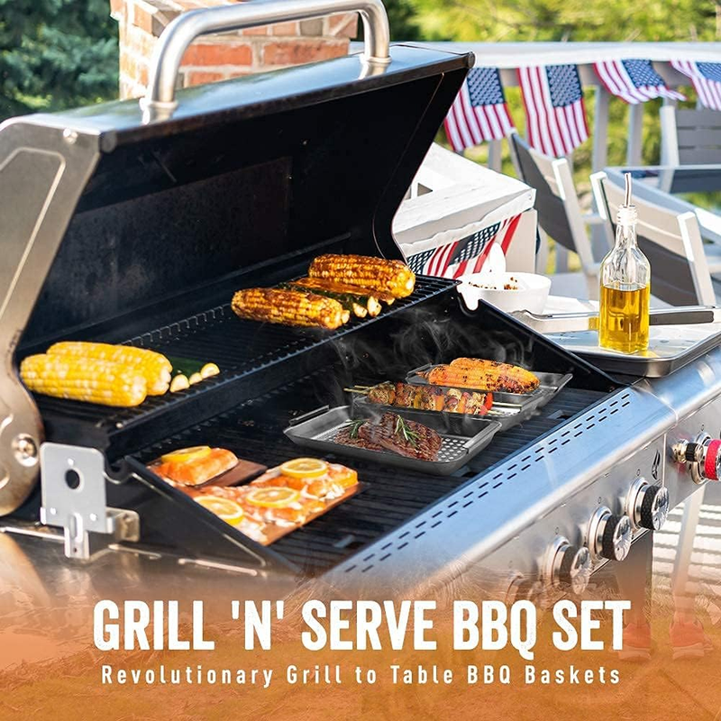 BBQ Vegetable Grill Basket Set 3 Stainless Steel Baskets w/ Drip Tray Handle2