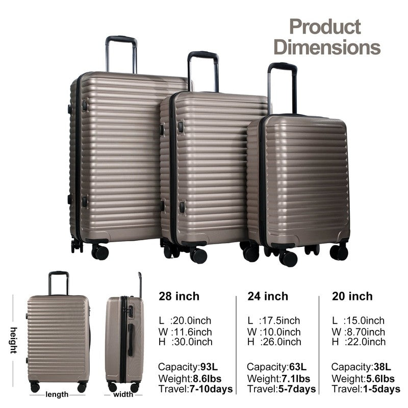 3 Piece Hardside Luggage Set Hardshell Lightweight Suitcase with TSA Lock Spinne8