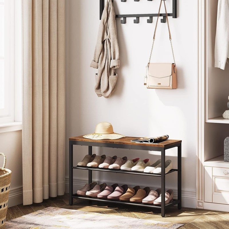 Shoe Bench 3 Tier Rack Industrial Organizer Rustic Brown Entryway1