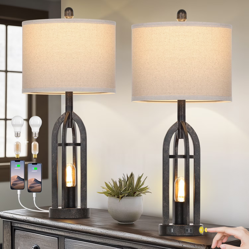 Set of 2 Industrial Table Lamps USB A+C Ports AC Outlet 3 Way Touch Dimmable Gol0
