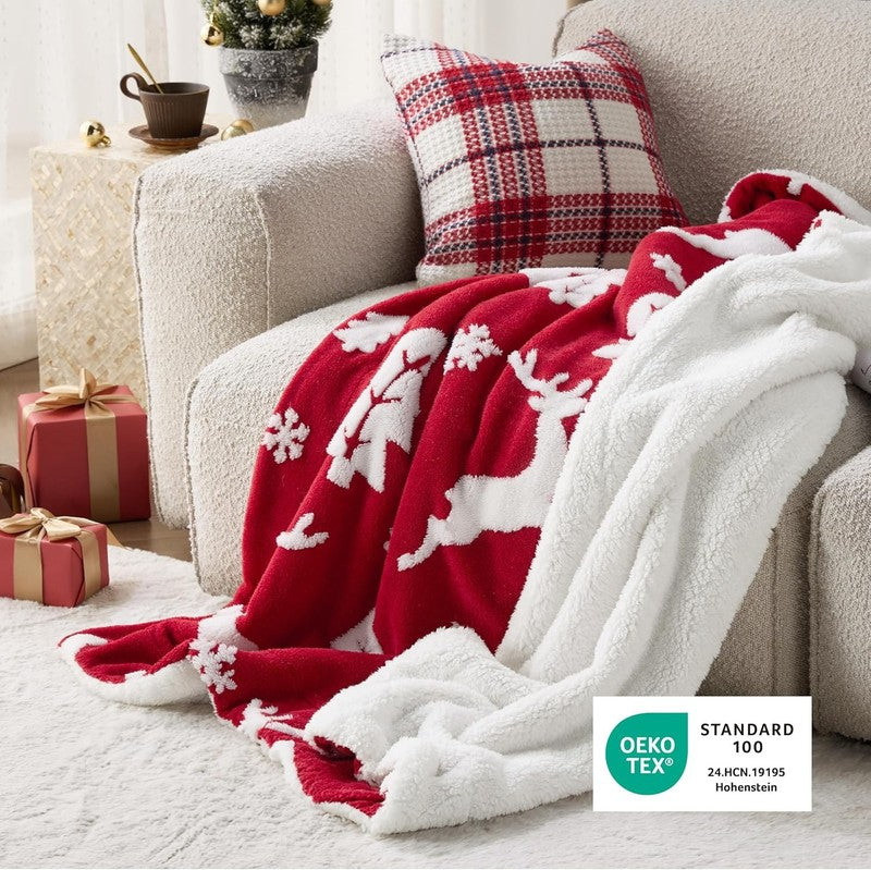 Christmas Throw Blanket Sherpa Deer Warm Couch Sofa Red 50"x60"5